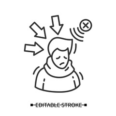 Negative influence icon. Simple linear pictogram of person depressed and upset with negative media influence and bad press attack. Information overload concept. Editable stroke vector illustration