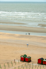 aerial view of the bath cabins at De Panne beach in Belgium