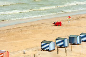 aerial view of the bathing cabins and the beach guards of De Panne in Belgium