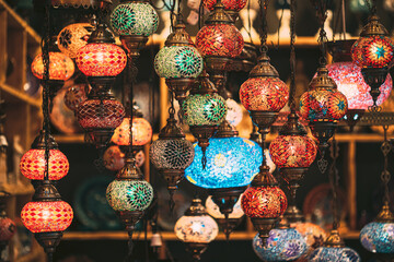 Turkey. Market With Many Traditional Colorful Handmade Turkish Lamps And Lanterns. Lanterns Hanging...