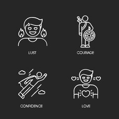 Good feelings and qualities chalk white icons set on black background. Positive mood, emotions and personality traits. Confidence, courage, lust and love. Isolated vector chalkboard illustrations