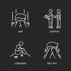 Emotions and personality traits chalk white icons set on black background. Human feelings, good and bad qualities. Gratitude, euphoria, pride and desire. Isolated vector chalkboard illustrations