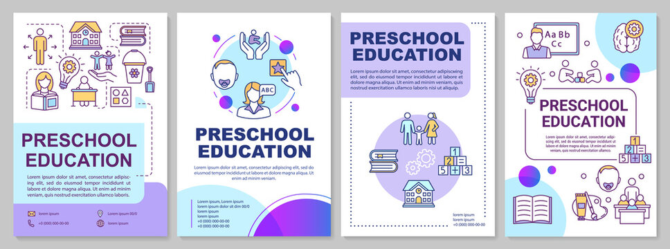 Preschool education brochure template. Childcare and parenting. Flyer, booklet, leaflet print, cover design with linear icons. Vector layouts for magazines, annual reports, advertising posters