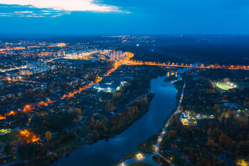 Grodno, Belarus. Night Aerial Bird's-eye View Of Hrodna Cityscape Skyline. Residential District