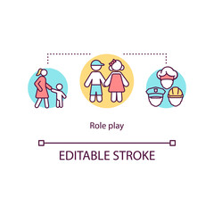Role play concept icon. Creativity, imagination and empathy development. Children pretend games idea thin line illustration. Vector isolated outline RGB color drawing. Editable stroke