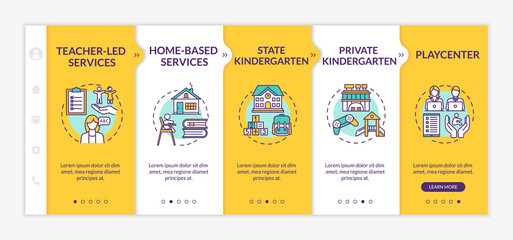 Preschool center types onboarding vector template. State and private kindergarten. Playcenter. Responsive mobile website with icons. Webpage walkthrough step screens. RGB color concept