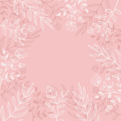 Decorative spring pink background with hand drawn flowers, branches with leaves and other floral elements for design