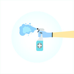 Coronavirus protection. A man in gloves holds a bottle of antiseptic spray. Home hygiene and personal hygiene.
