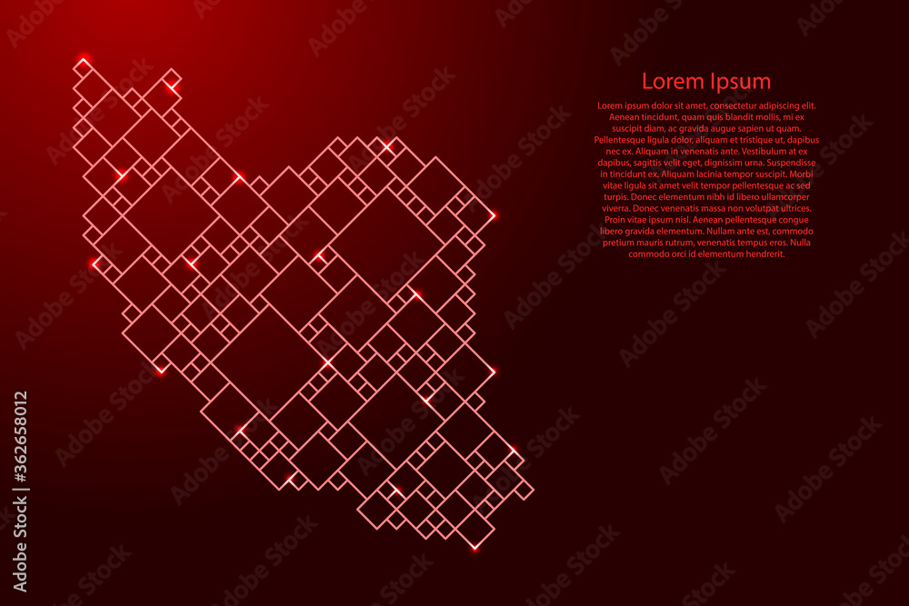 Poster iran map from red pattern from a grid of squares of different sizes and glowing space stars. vector 
