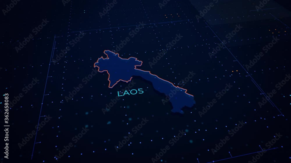 Poster 3d render of laos map. camera flying through digital space.