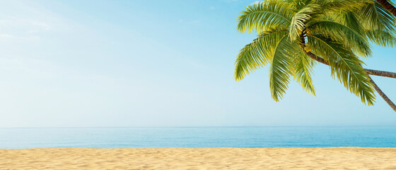 Beach with palm trees, ocean view, summer 3D background illustration concept