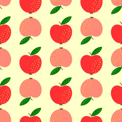 Seamless pattern of bright red and pink apples on yellow background. Vector flat illustration.