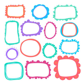 Hand drawn cute frames set for kids. Cartoon style vector elements in bright colors.
