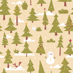 Christmas seamless vector pattern with coniferous trees and snow on blue. Cartoon childish style.
