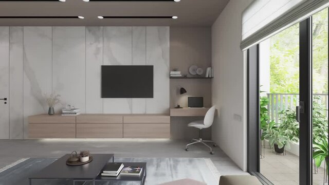 3D-Illustration. Apartment with living room and kitchen.
