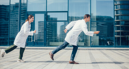 young doctors rush to an emergency call.