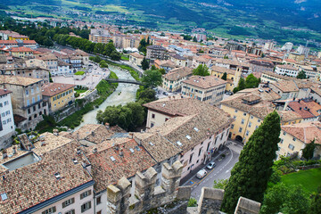 Top down italian old town classic city view with italian traditional roof tile — Rovereto city, Trentino, Italy