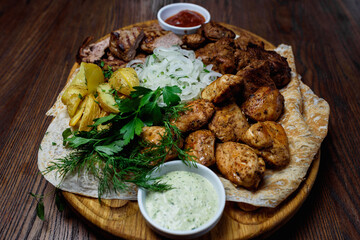 
meat and vegetable plate kebab grilled vegetables