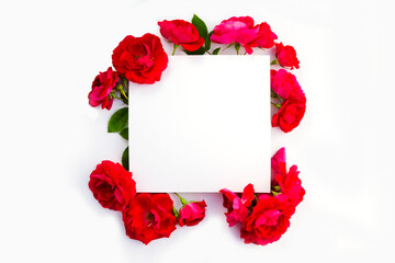 Frame of red roses on a white background. Flat lay, top view, copy space
