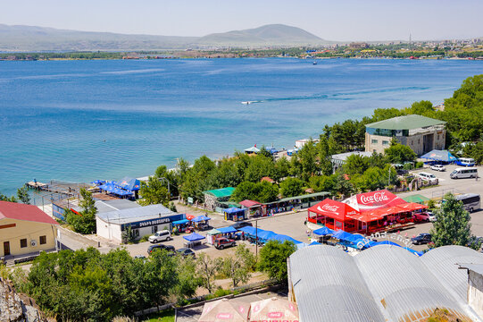 SEVAN, ARMENIA - JULY 17, 2014: Resort area of the Lake Sevan, the largest lake in Armenia and all Caucasus region