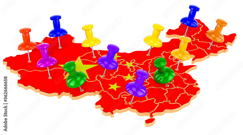 Poster map of china with colored push pins, 3d rendering