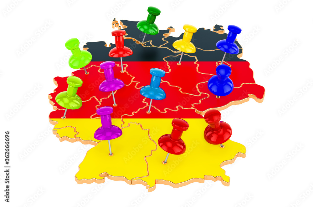 Poster map of germany with colored push pins, 3d rendering