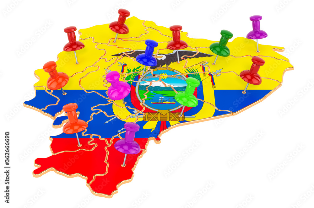 Aufkleber map of ecuador with colored push pins, 3d rendering