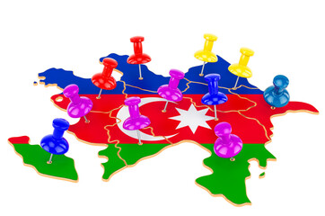 Fototapeta na wymiar Map of Azerbaijan with colored push pins, 3D rendering