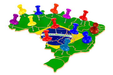 Map of Brazil with colored push pins, 3D rendering