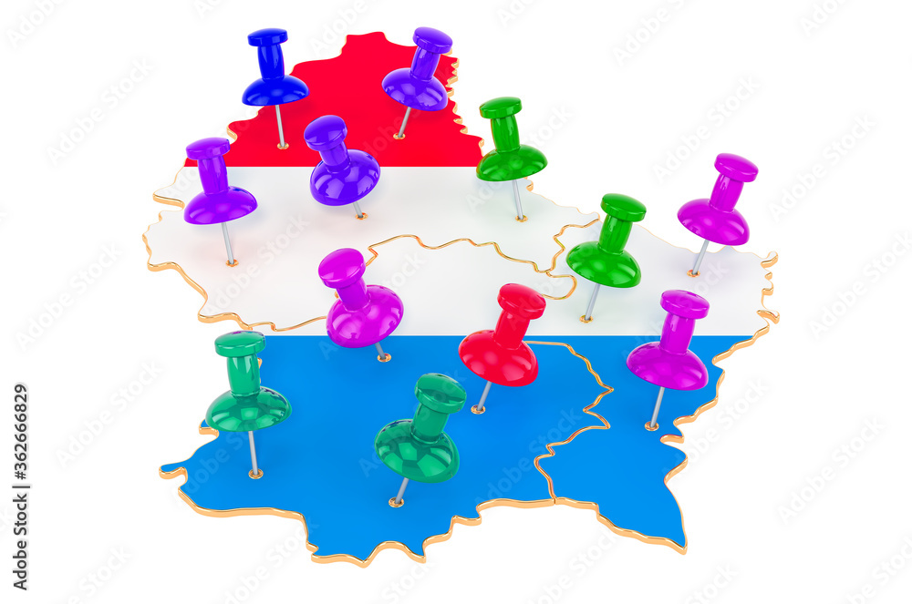 Poster map of luxembourg with colored push pins, 3d rendering