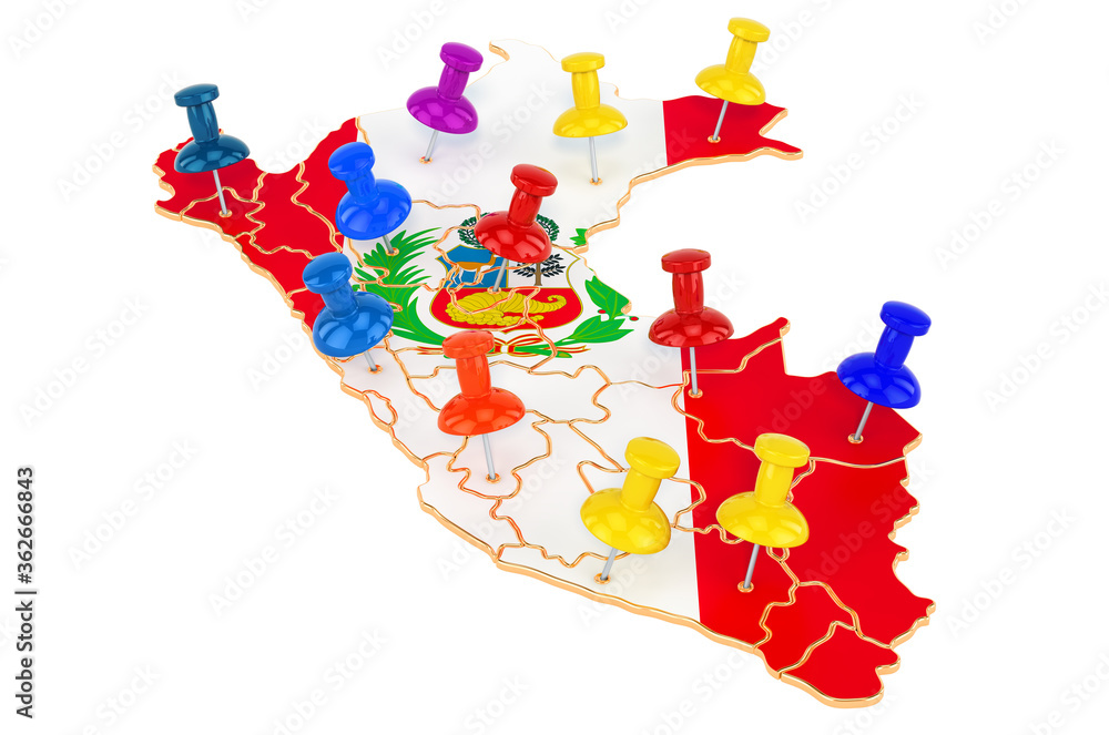 Poster map of peru with colored push pins, 3d rendering