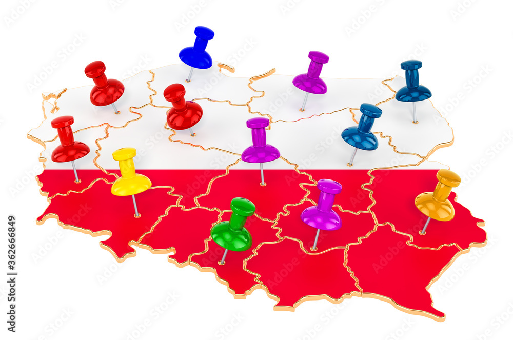 Poster map of poland with colored push pins, 3d rendering