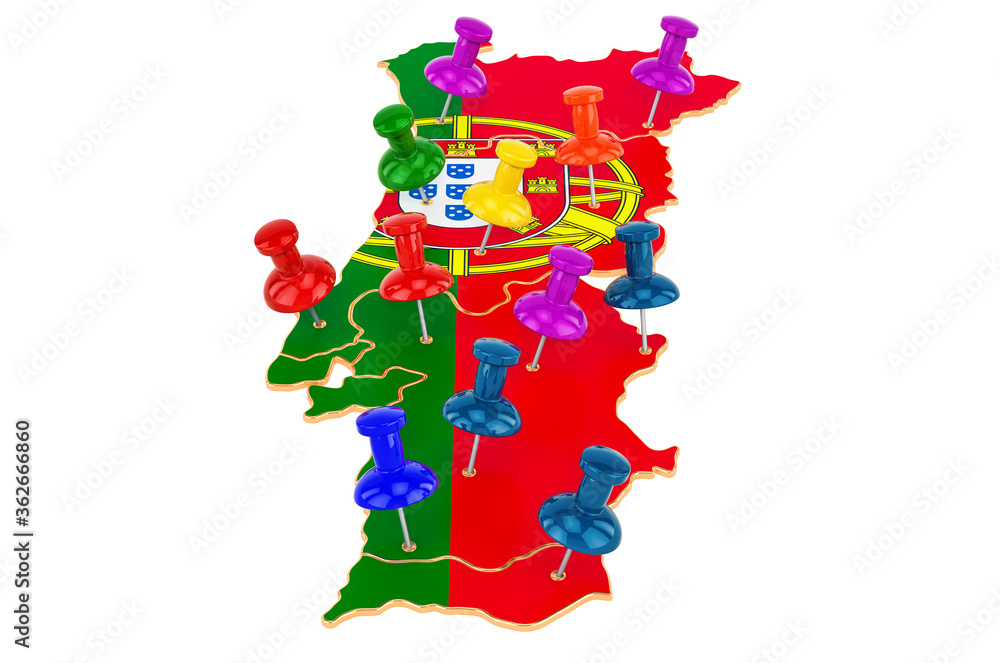 Aufkleber map of portugal with colored push pins, 3d rendering