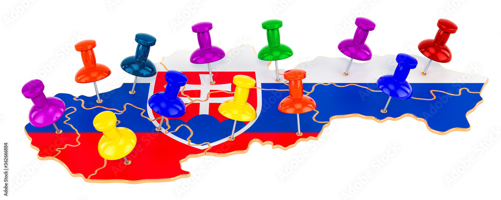Poster map of slovakia with colored push pins, 3d rendering