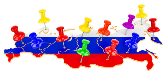 Map of Russia with colored push pins, 3D rendering