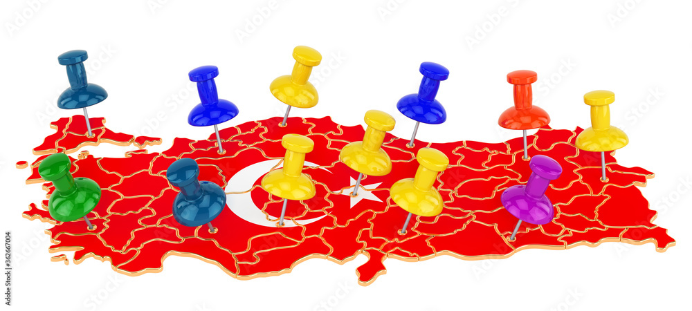 Poster map of turkey with colored push pins, 3d rendering