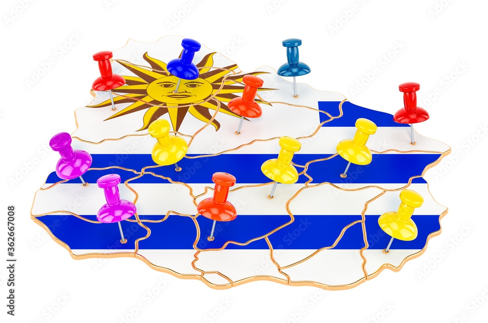 Poster map of uruguay with colored push pins, 3d rendering