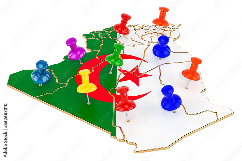 Poster map of algeria with colored push pins, 3d rendering