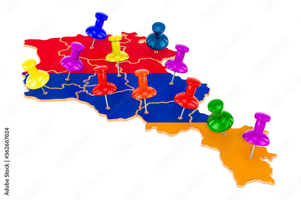 Poster map of armenia with colored push pins, 3d rendering