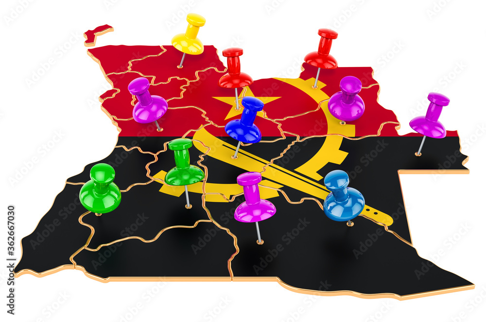 Aufkleber map of angola with colored push pins, 3d rendering