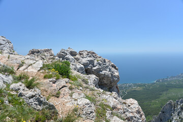 on a high mountain you can see the entire beach and coast during the day in summer
