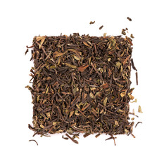 Black tea Darjeeling, isolated on white background. Organic tea. Top view. Close up.