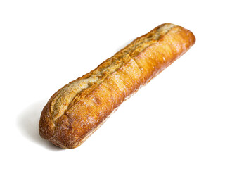 French baguette with a straight cut on a crisp Golden crust on a white background