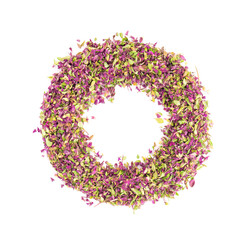 Dried thyme flowers, isolated on white background. Natural herbs - thyme. Organic tea. Top view. Close up.