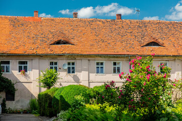 Fototapeta na wymiar View on old houses in henrykow abbey in Lower Silesia, Poland