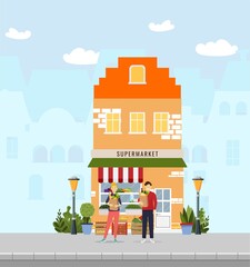 Grocery, supermarket shopping with storefront on the background. Vector illustration. Family, young man and woman buy grocery products.