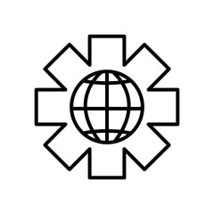 gear wheel with global sphere icon, line style
