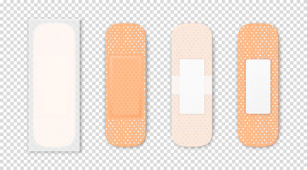 Vector 3d Realistic Medical Patch Icon Set Closeup Isolated on Transparent Background. Design Template Adhesive Bandage Elastic Medical Plasters. Front and Back Side View