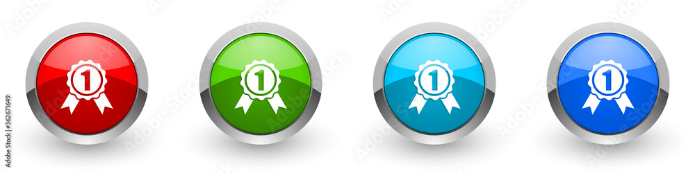 Poster Badge silver metallic glossy icons, first, number one concept set of modern design buttons for web, internet and mobile applications in four colors options isolated on white background