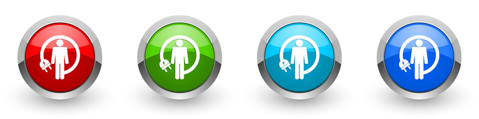 Android charging wire silver metallic glossy icons, humanoid robot concept set of modern design buttons for web, internet and mobile applications in four colors options isolated on white background